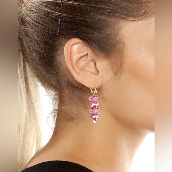 NEW Betsey Johnson Tea Party Mismatched Earrings Strawberry Gold Teacup Pot Pink - Picture 4 of 7